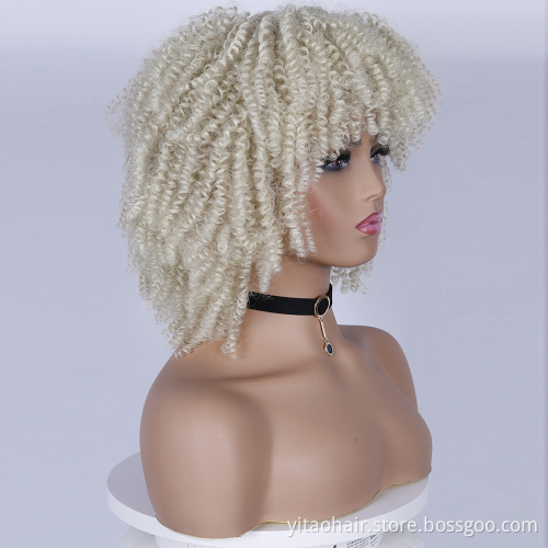 Wholesale Light Blonde Curly Wigs for Women Afro Curly Wigs with Bangs 14 Inch Afro Kinky Loose Curly Wave Synthetic Hair Wigs